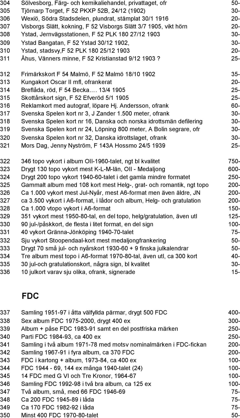 20-311 Åhus, Vänners minne, F 52 Kristianstad 9/12 1903? 25-312 Frimärkskort F 54 Malmö, F 52 Malmö 18/10 1902 35-313 Kungakort Oscar II mfl, ofrankerat 20-314 Breflåda, röd, F 54 Becka.