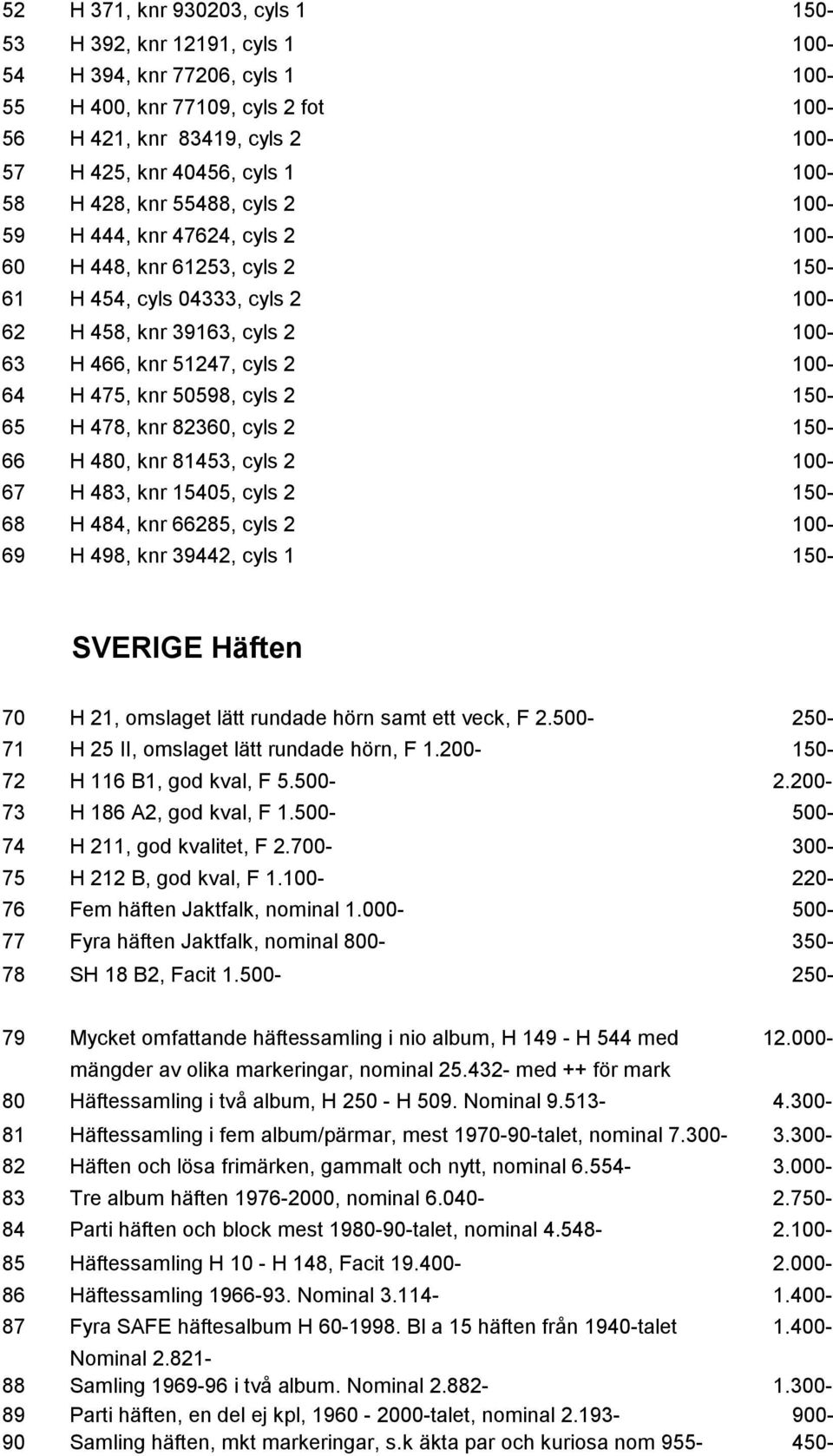 knr 50598, cyls 2 150-65 H 478, knr 82360, cyls 2 150-66 H 480, knr 81453, cyls 2 100-67 H 483, knr 15405, cyls 2 150-68 H 484, knr 66285, cyls 2 100-69 H 498, knr 39442, cyls 1 150- SVERIGE Häften