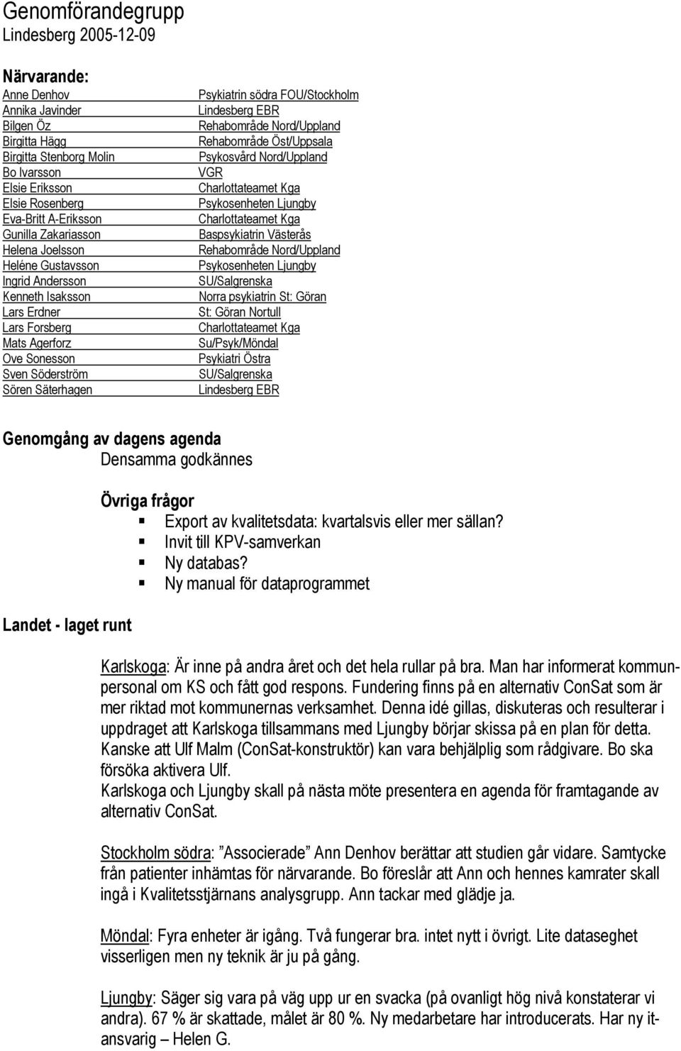 Lindesberg EBR Rehabområde Nord/Uppland Rehabområde Öst/Uppsala Psykosvård Nord/Uppland VGR Charlottateamet Kga Psykosenheten Ljungby Charlottateamet Kga Baspsykiatrin Västerås Rehabområde