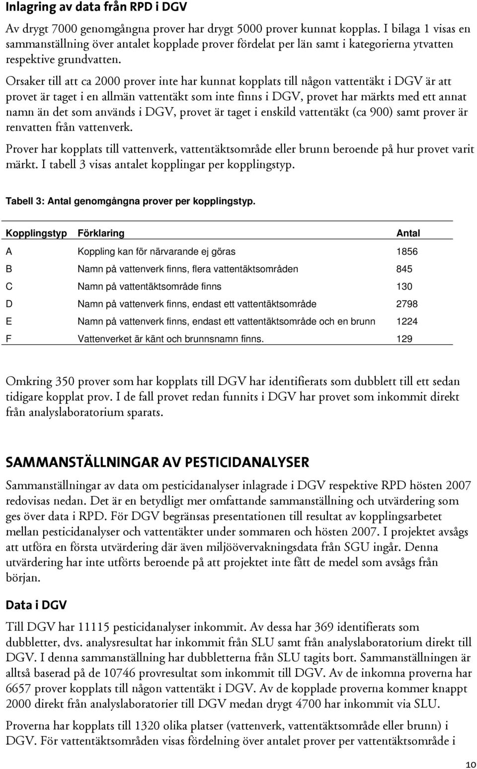 Orsaker till att ca 2000 prover inte har kunnat kopplats till någon vattentäkt i DGV är att provet är taget i en allmän vattentäkt som inte finns i DGV, provet har märkts med ett annat namn än det