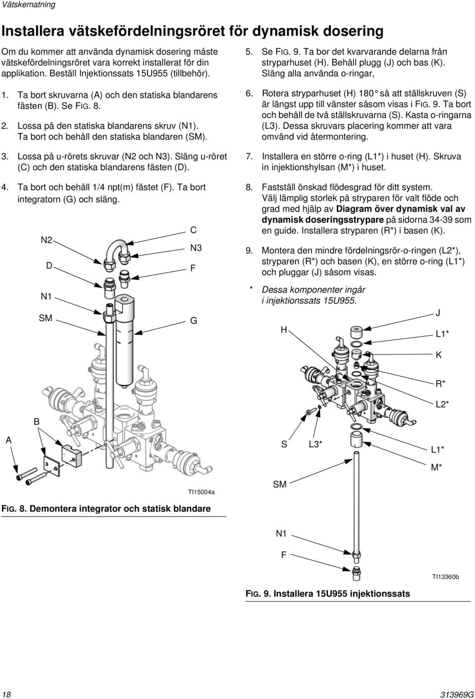 Ta bort och behåll den statiska blandaren (SM).. Lossa på u-rörets skruvar (N och N). Släng u-röret (C) och den statiska blandarens fästen (D).. Ta bort och behåll / npt(m) fästet (F).