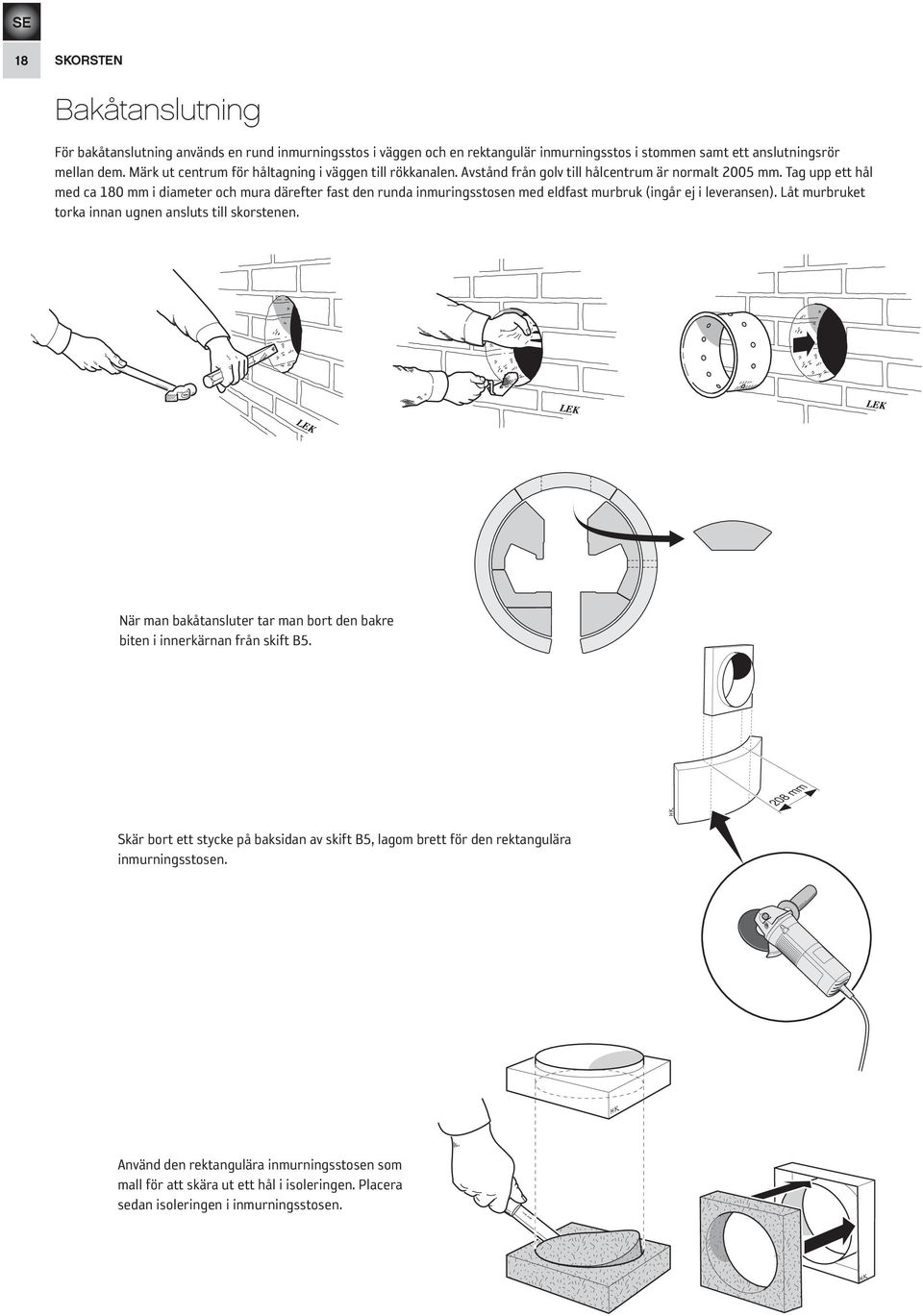 Tag upp ett hål med ca 180 mm i diameter och mura därefter fast den runda inmuringsstosen med eldfast murbruk (ingår ej i leveransen). Låt murbruket torka innan ugnen ansluts till skorstenen.