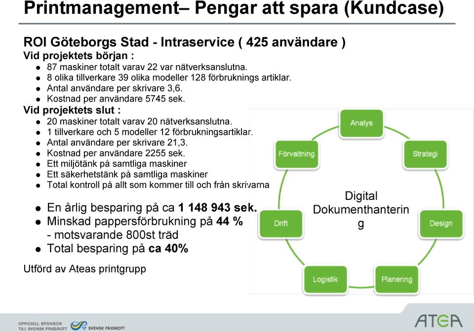 1 tillverkare och 5 modeller 12 förbrukningsartiklar. Antal användare per skrivare 21,3. Kostnad per användare 2255 sek.