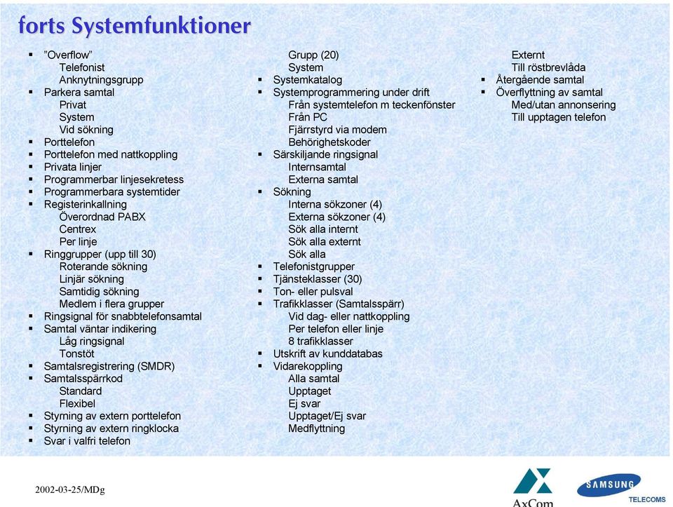 snabbtelefonsamtal Samtal väntar indikering Låg ringsignal Tonstöt Samtalsregistrering (SMDR) Samtalsspärrkod Standard Flexibel Styrning av extern porttelefon Styrning av extern ringklocka Svar i