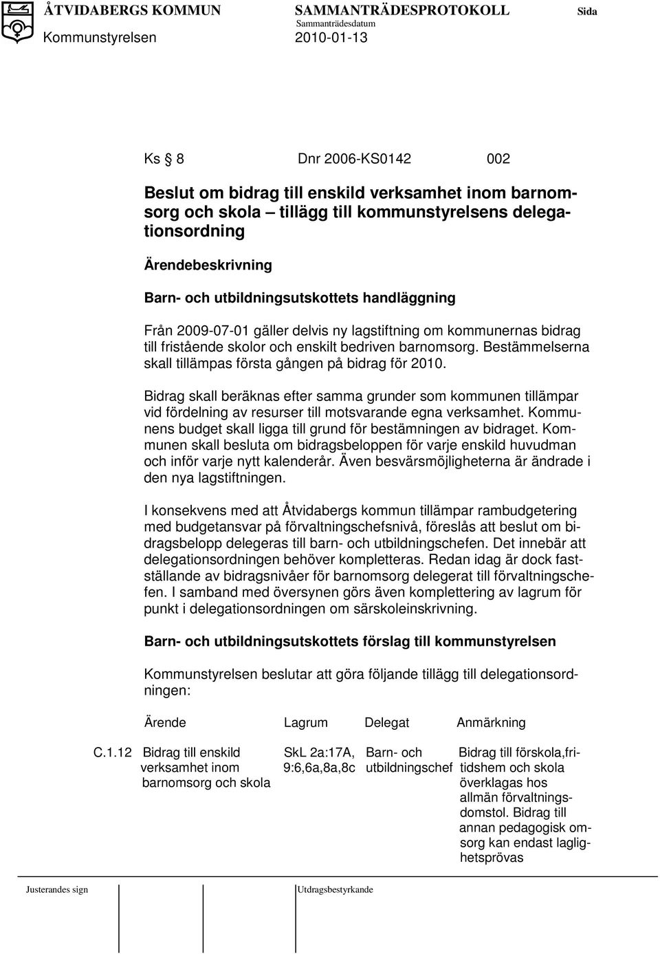 Bestämmelserna skall tillämpas första gången på bidrag för 2010. Bidrag skall beräknas efter samma grunder som kommunen tillämpar vid fördelning av resurser till motsvarande egna verksamhet.