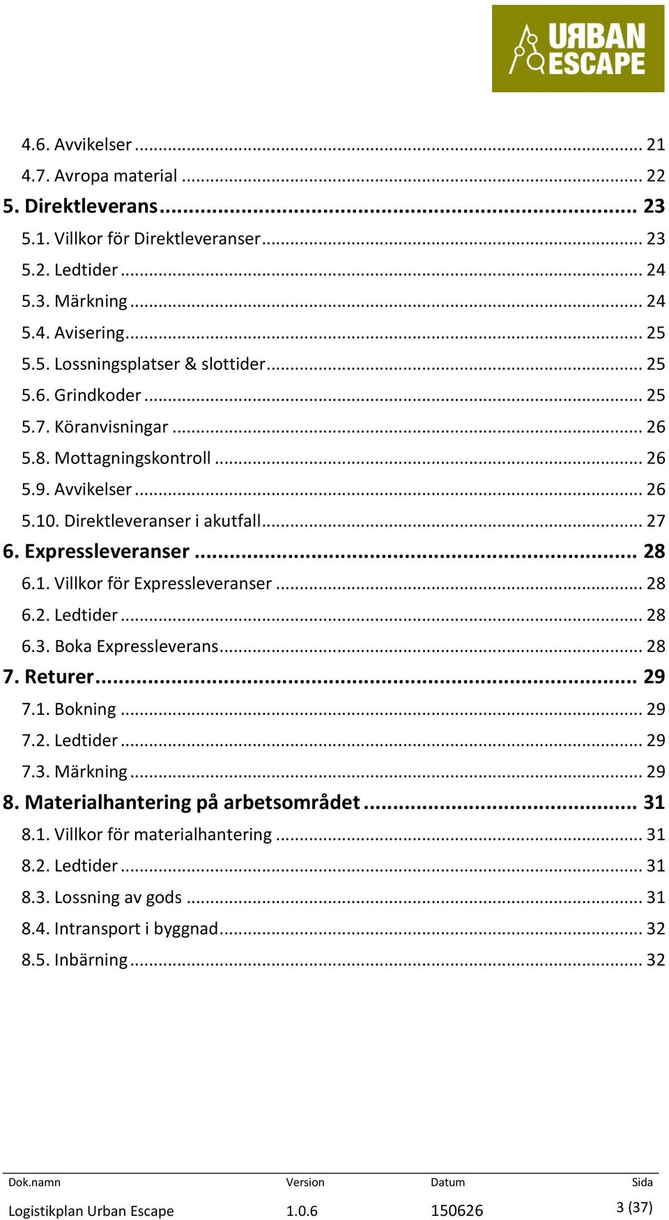 .. 28 6.2. Ledtider... 28 6.3. Boka Expressleverans... 28 7. Returer... 29 7.1. Bokning... 29 7.2. Ledtider... 29 7.3. Märkning... 29 8. Materialhantering på arbetsområdet... 31 8.1. Villkor för materialhantering.