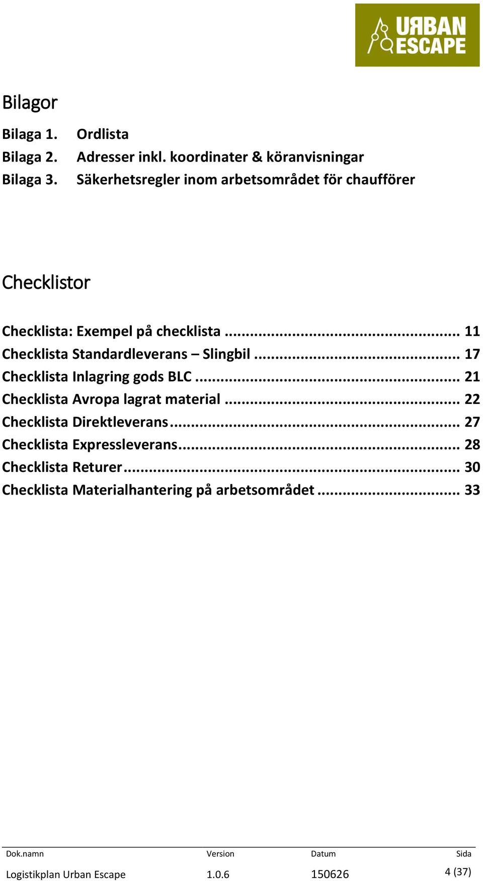 .. 11 Checklista Standardleverans Slingbil... 17 Checklista Inlagring gods BLC... 21 Checklista Avropa lagrat material.