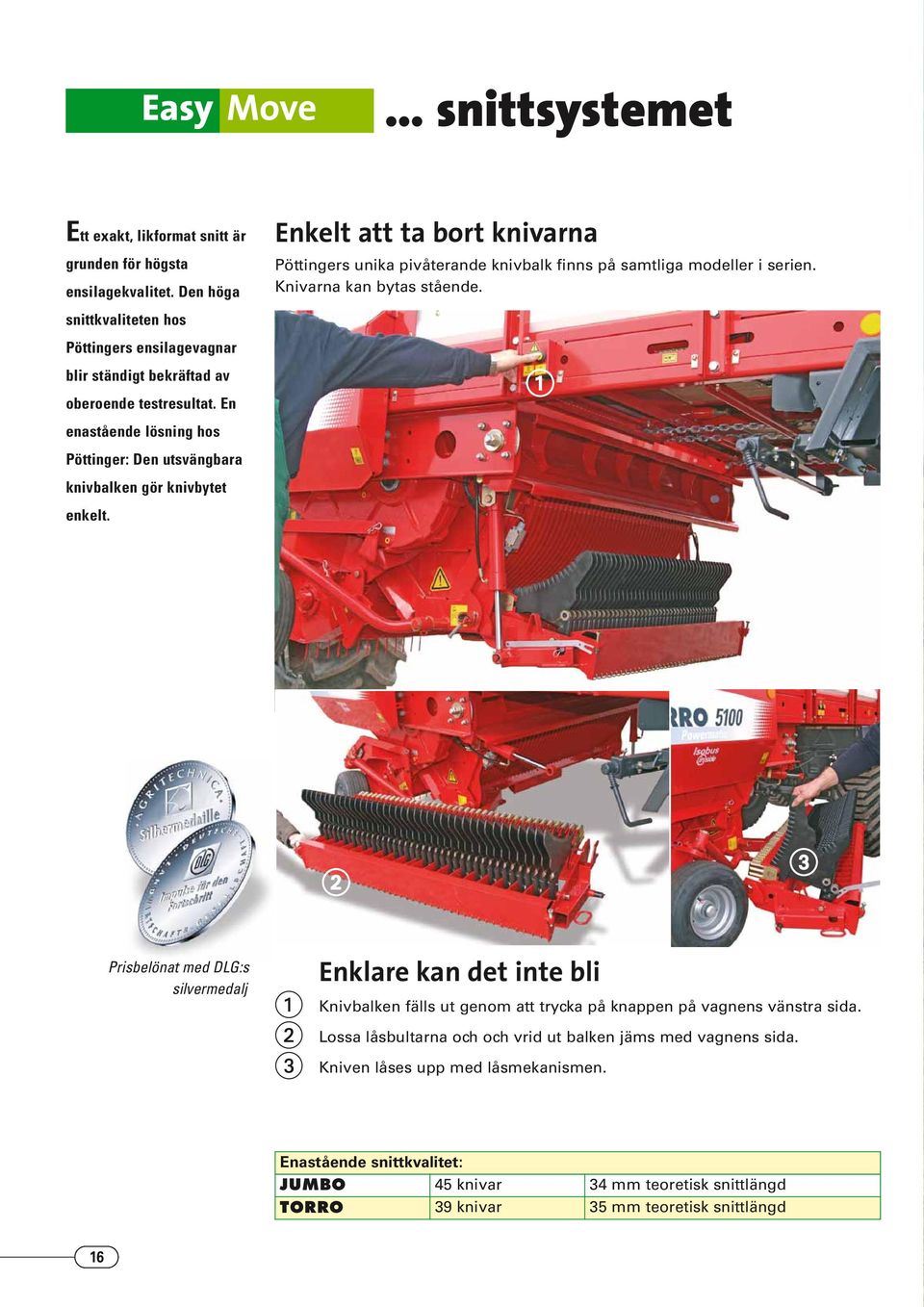 snittkvaliteten hos Pöttingers ensilagevagnar blir ständigt bekräftad av oberoende testresultat. En enastående lösning hos Pöttinger: Den utsvängbara knivbalken gör knivbytet enkelt.