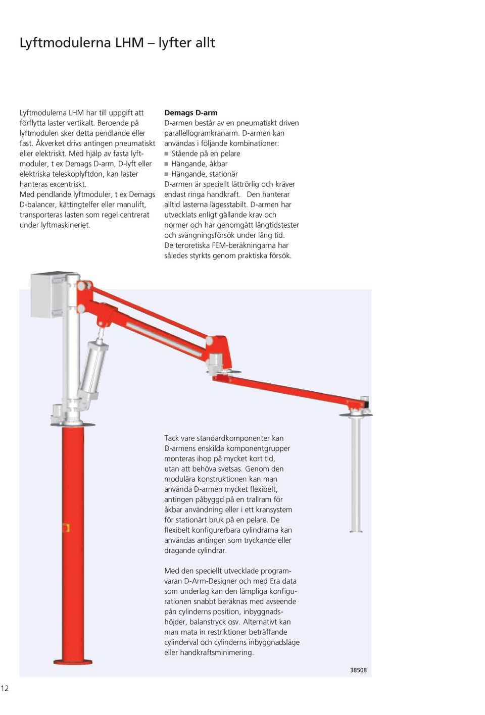 eller manulift, transporteras lasten som regel centrerat under lyftmaskineriet Demags D-arm D-armen består av en pneumatiskt driven parallellogramkranarm D-armen kan användas i följande