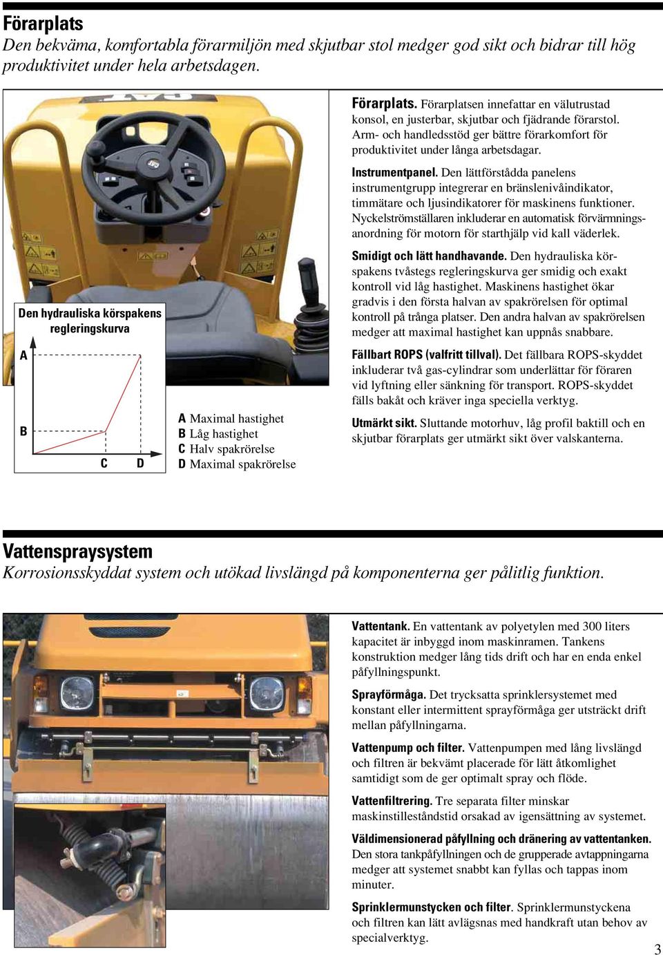 Förarplatsen innefattar en välutrustad konsol, en justerbar, skjutbar och fjädrande förarstol. Arm- och handledsstöd ger bättre förarkomfort för produktivitet under långa arbetsdagar. Instrumentpanel.