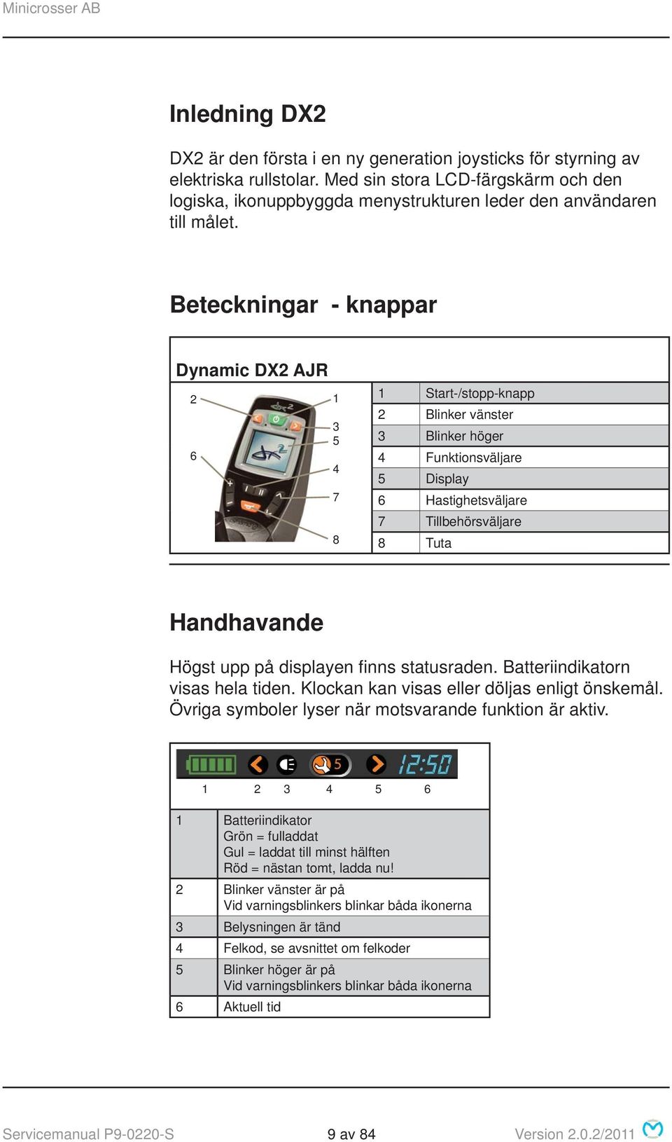 Beteckningar - knappar Dynamic DX2 AJR 2 6 1 3 5 4 7 8 1 Start-/stopp-knapp 2 Blinker vänster 3 Blinker höger 4 Funktionsväljare 5 Display 6 Hastighetsväljare 7 Tillbehörsväljare 8 Tuta Handhavande