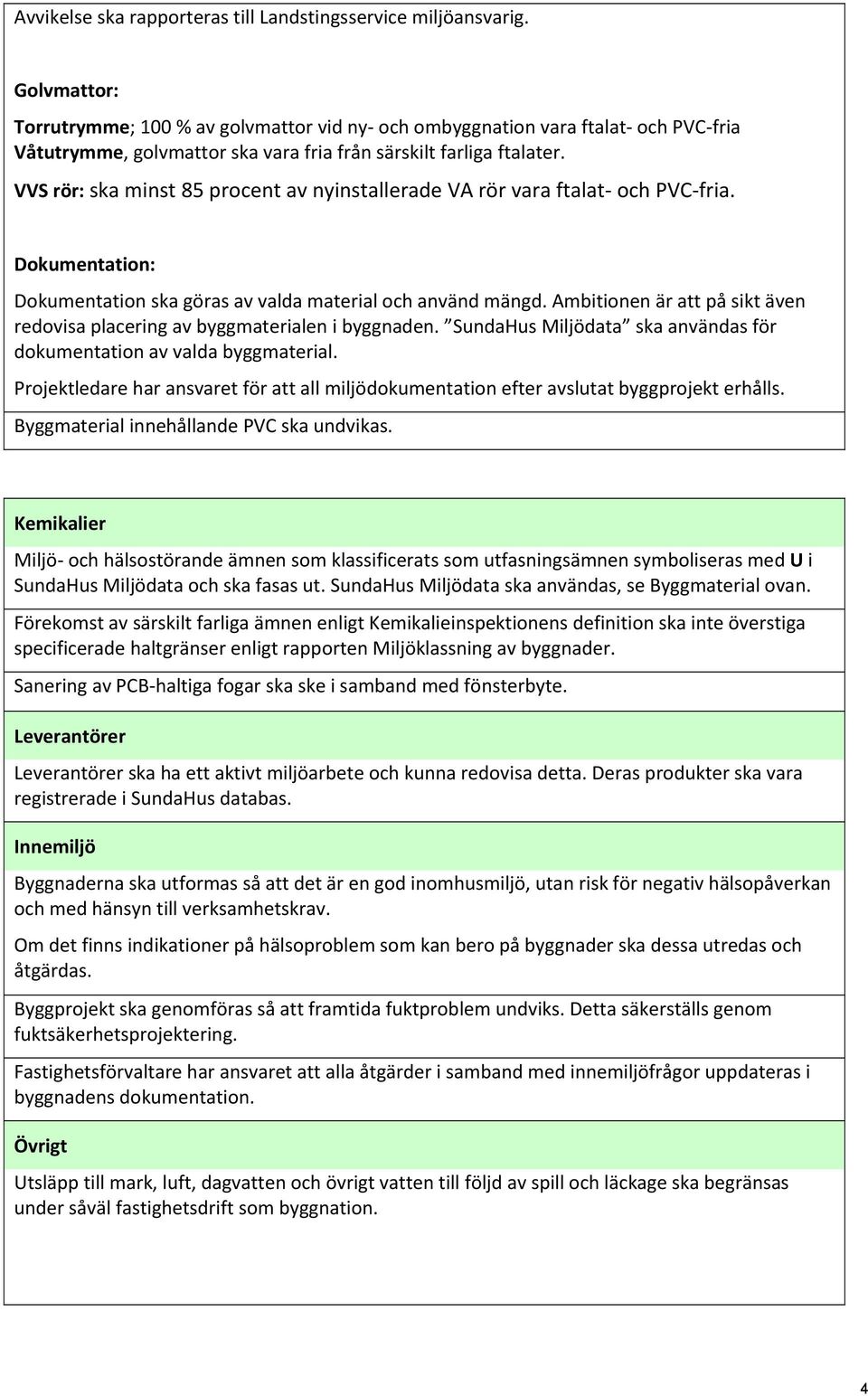 VVS rör: ska minst 85 procent av nyinstallerade VA rör vara ftalat och PVC fria. Dokumentation: Dokumentation ska göras av valda material och använd mängd.