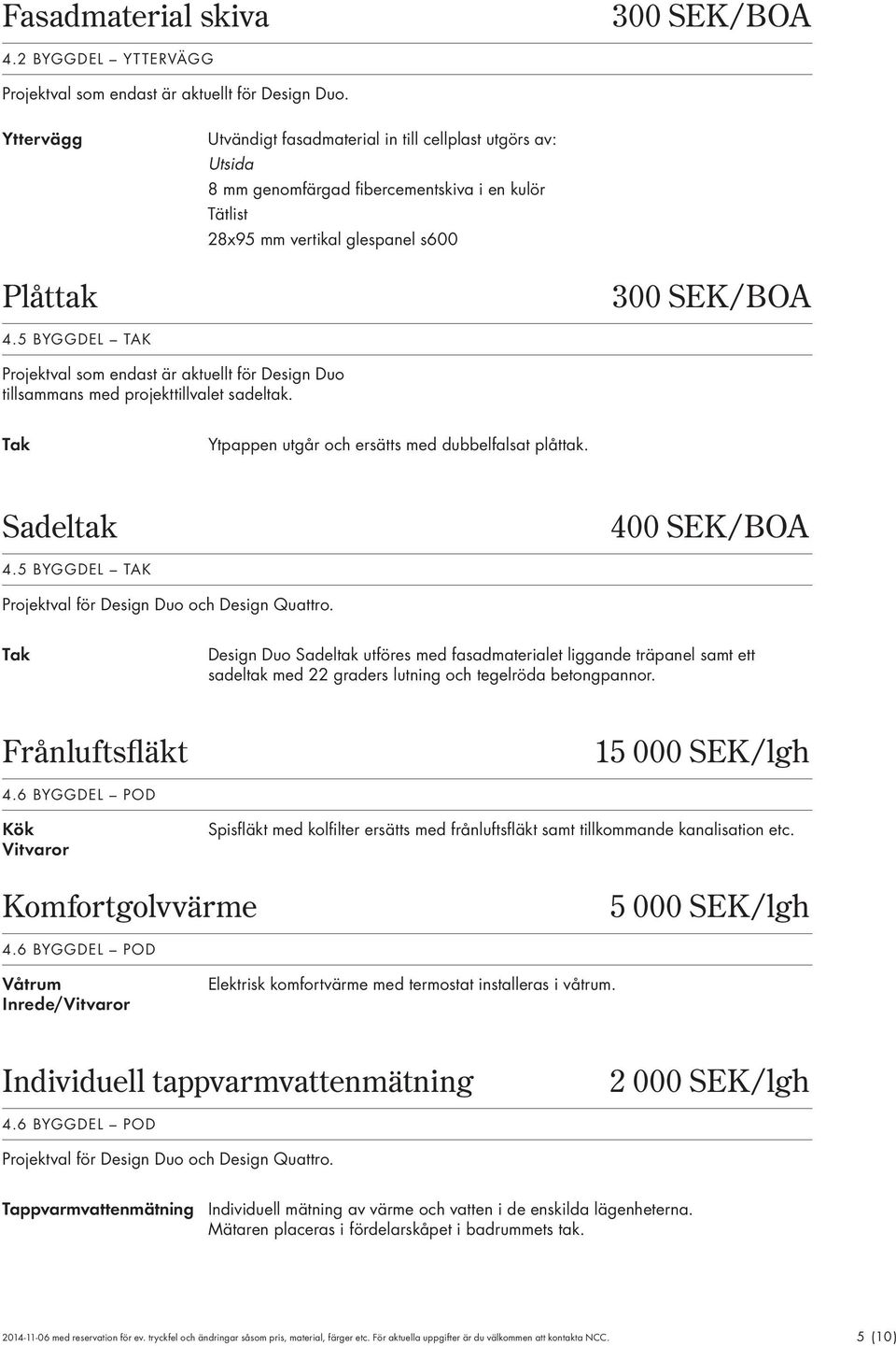 5 BYGGDEL TAK Projektval som endast är aktuellt för Design Duo tillsammans med projekttillvalet sadeltak. Tak Ytpappen utgår och ersätts med dubbelfalsat plåttak. Sadeltak 400 SEK/BOA 4.