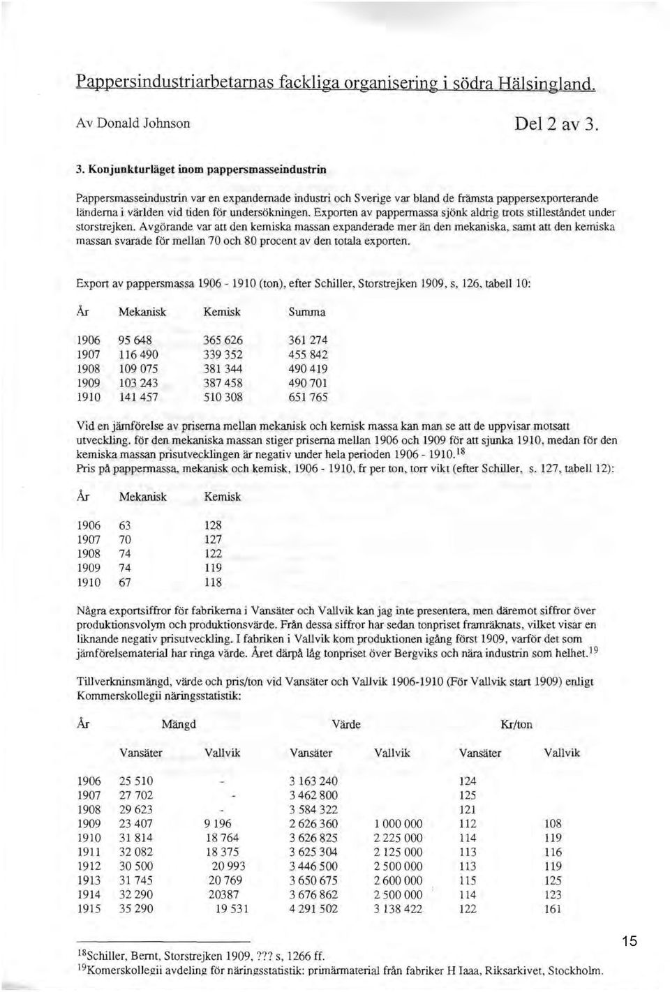 Exporten av pappermassa sjönk aldrig trots stilleståndet under storstrejken. Avgörande var att den kemiska massan expanderade mer än den mekaniska.