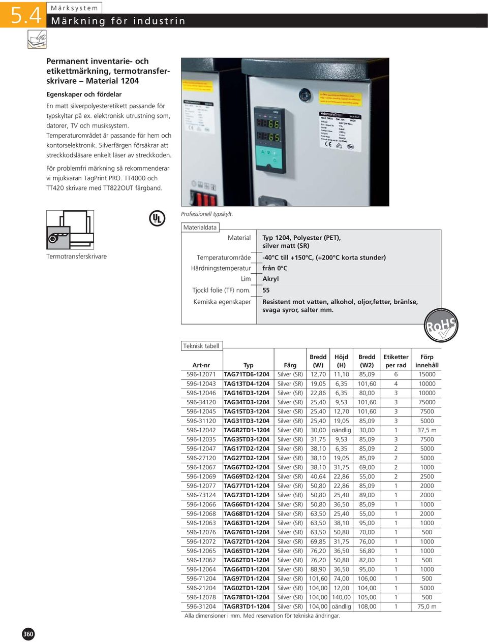 För problemfri märkning så rekommenderar vi mjukvaran TagPrint PRO. TT4000 och TT420 skrivare med TT822OUT färgband. Professionell typskylt.