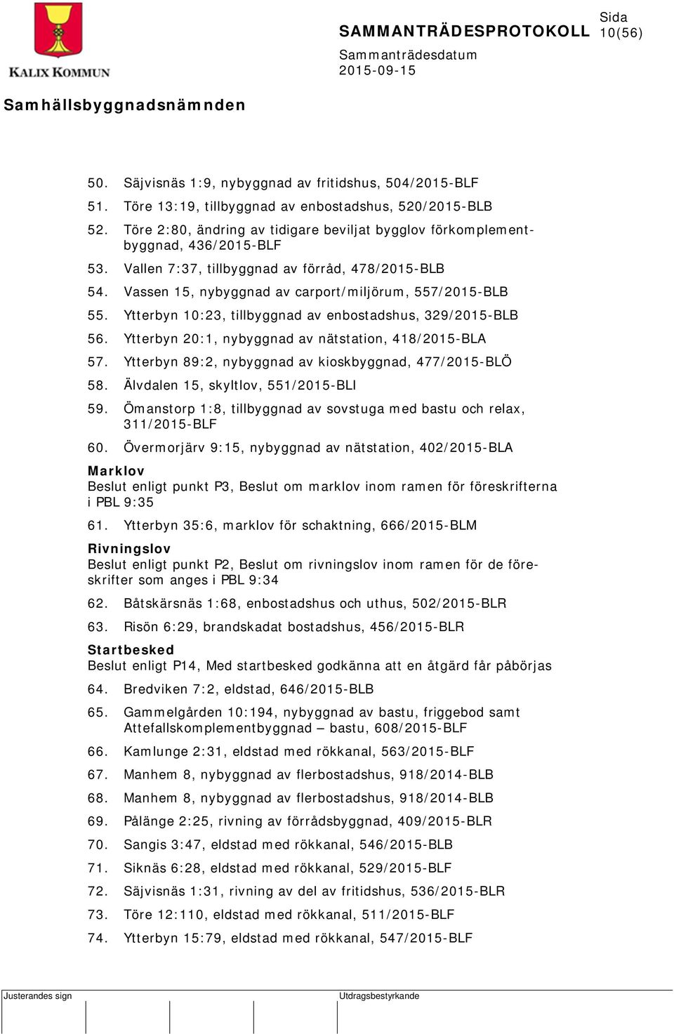 Ytterbyn 10:23, tillbyggnad av enbostadshus, 329/2015-BLB 56. Ytterbyn 20:1, nybyggnad av nätstation, 418/2015-BLA 57. Ytterbyn 89:2, nybyggnad av kioskbyggnad, 477/2015-BLÖ 58.