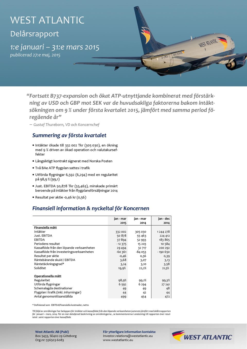 ökade till 332 002 Tkr (305 030), en ökning med 9 % driven av ökad operation och valutakurseffekter Långsiktigt kontrakt signerat med Norska Posten Två BAe ATP flygplan sattes i trafik Utförda