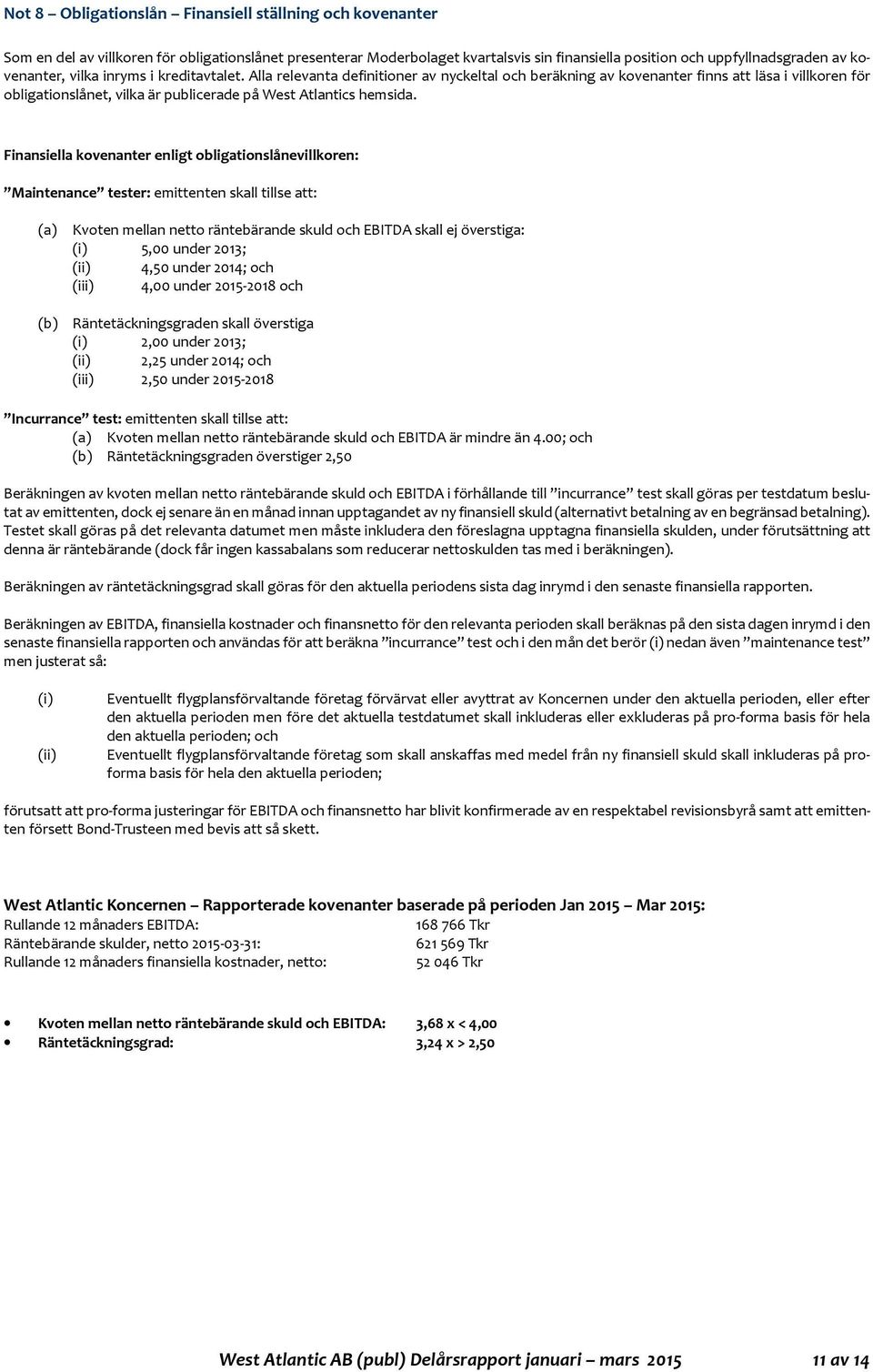 Alla relevanta definitioner av nyckeltal och beräkning av kovenanter finns att läsa i villkoren för obligationslånet, vilka är publicerade på West Atlantics hemsida.