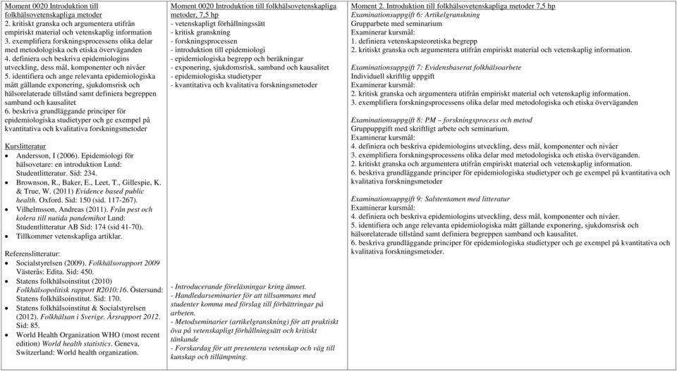 identifiera och ange relevanta epidemiologiska mått gällande exponering, sjukdomsrisk och hälsorelaterade tillstånd samt definiera begreppen samband och kausalitet 6.