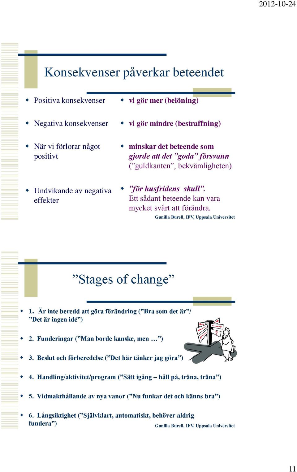 Stages of change 1. Är inte beredd att göra förändring ( Bra som det är / Det är ingen idé ) 2. Funderingar ( Man borde kanske, men ) 3.