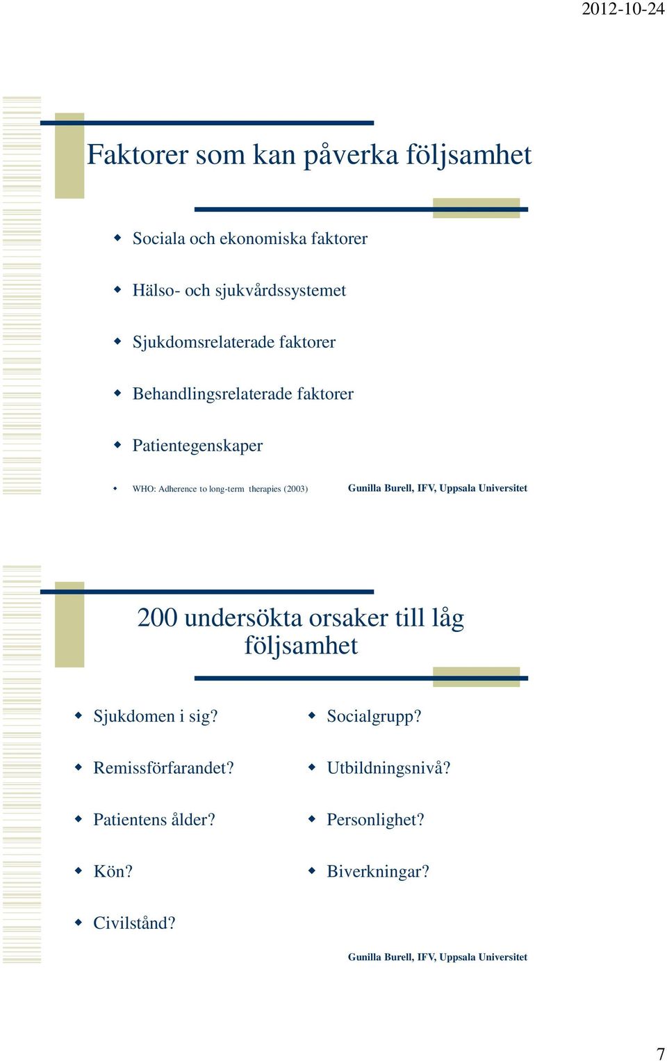 long-term therapies (2003) 200 undersökta orsaker till låg följsamhet Sjukdomen i sig?