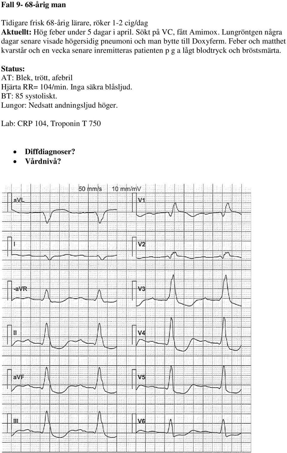 Feber och matthet kvarstår och en vecka senare inremitteras patienten p g a lågt blodtryck och bröstsmärta.
