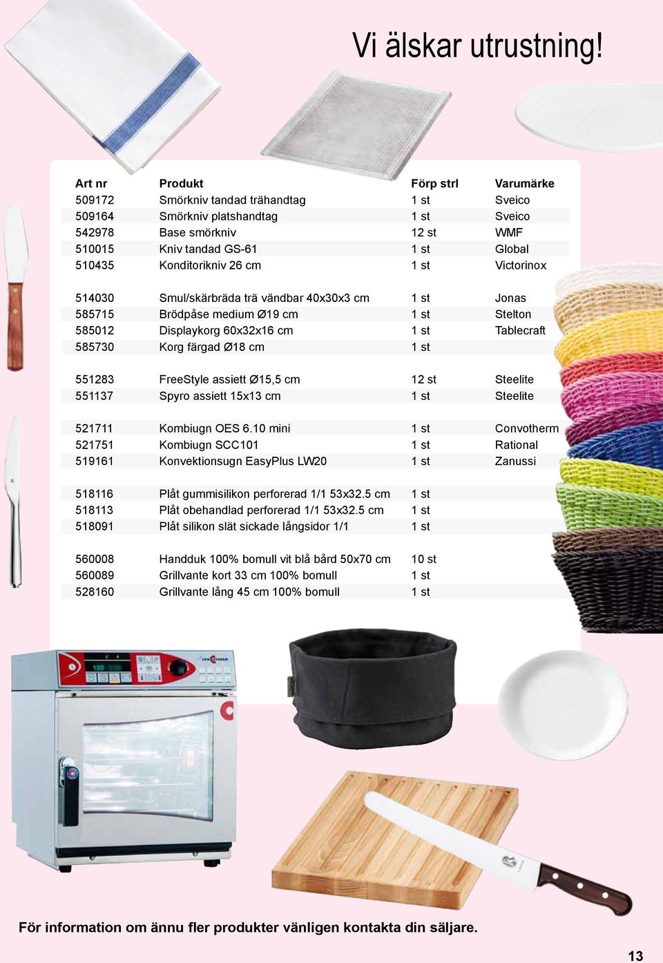 Konditorikniv 26 cm 1 st Victorinox 514030 Smul/skärbräda trä vändbar 40x30x3 cm 1 st Jonas 585715 Brödpåse medium Ø19 cm 1 st Stelton 585012 Displaykorg 60x32x16 cm 1 st Tablecraft 585730 Korg