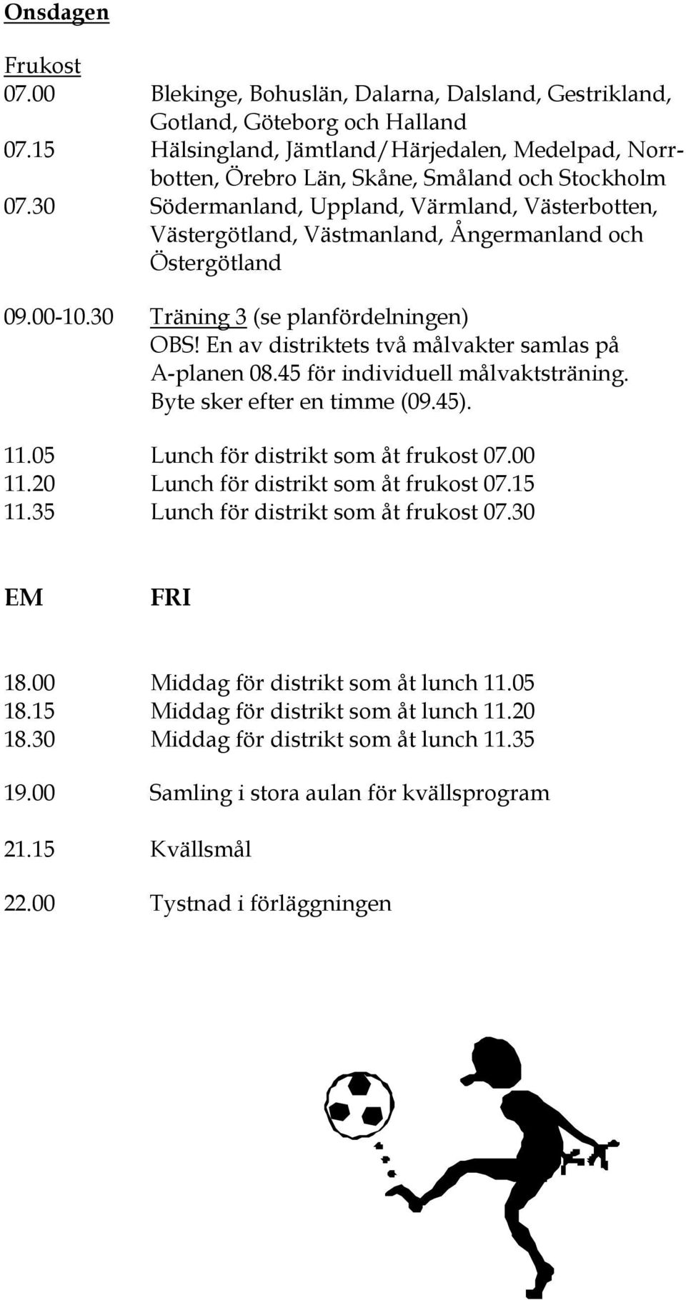 30 Södermanland, Uppland, Värmland, Västerbotten, Västergötland, Västmanland, Ångermanland och Östergötland 09.00-10.30 Träning 3 (se planfördelningen) OBS!