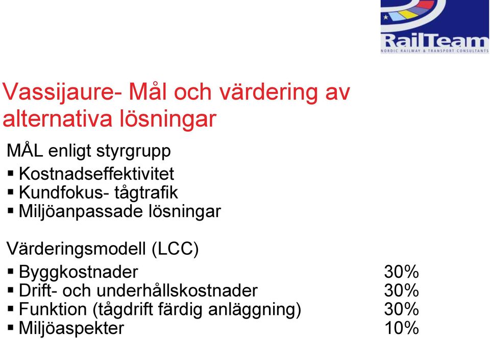 lösningar Värderingsmodell (LCC) Byggkostnader 30% Drift- och