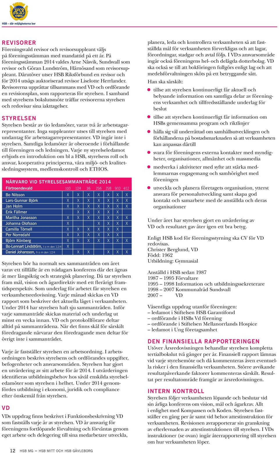 Därutöver utser HSB Riksförbund en revisor och för 2014 utsågs auktoriserad revisor Liselotte Herrlander.