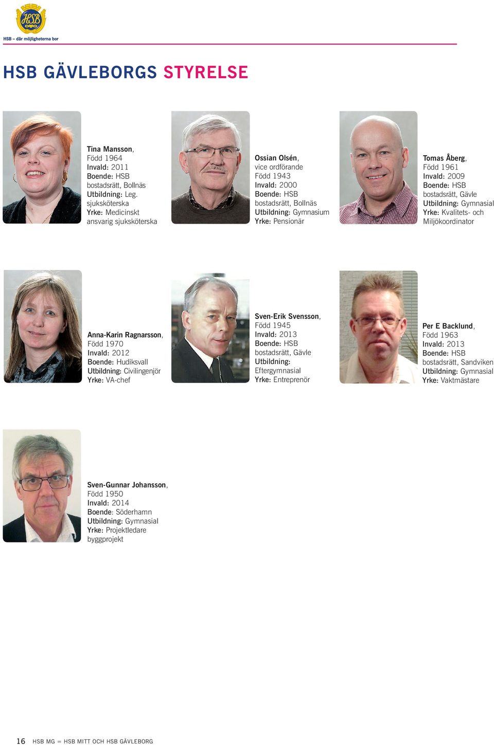 1961 Invald: 2009 Boende: HSB bostadsrätt, Gävle Utbildning: Gymnasial Yrke: Kvalitets- och Miljökoordinator Anna-Karin Ragnarsson, Född 1970 Invald: 2012 Boende: Hudiksvall Utbildning: Civilingenjör