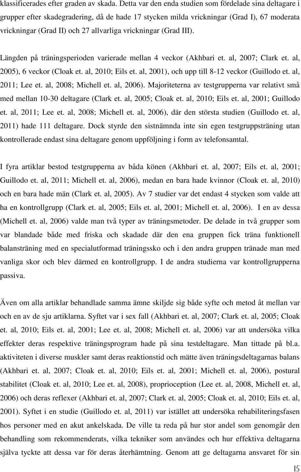 vrickningar (Grad III). Längden på träningsperioden varierade mellan 4 veckor (Akhbari et. al, 2007; Clark et. al, 2005), 6 veckor (Cloak et. al, 2010; Eils et.