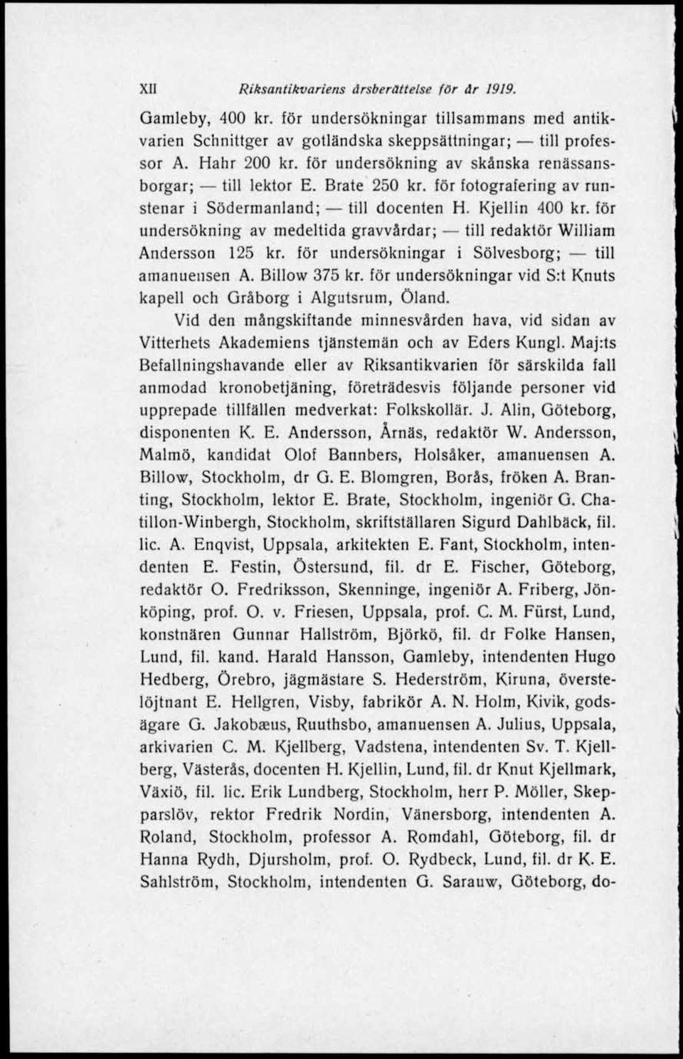 för undersökning av medeltida gravvårdar; till redaktör William Andersson 125 kr. för undersökningar i Sölvesborg; till amanuensen A. Billow 375 kr.