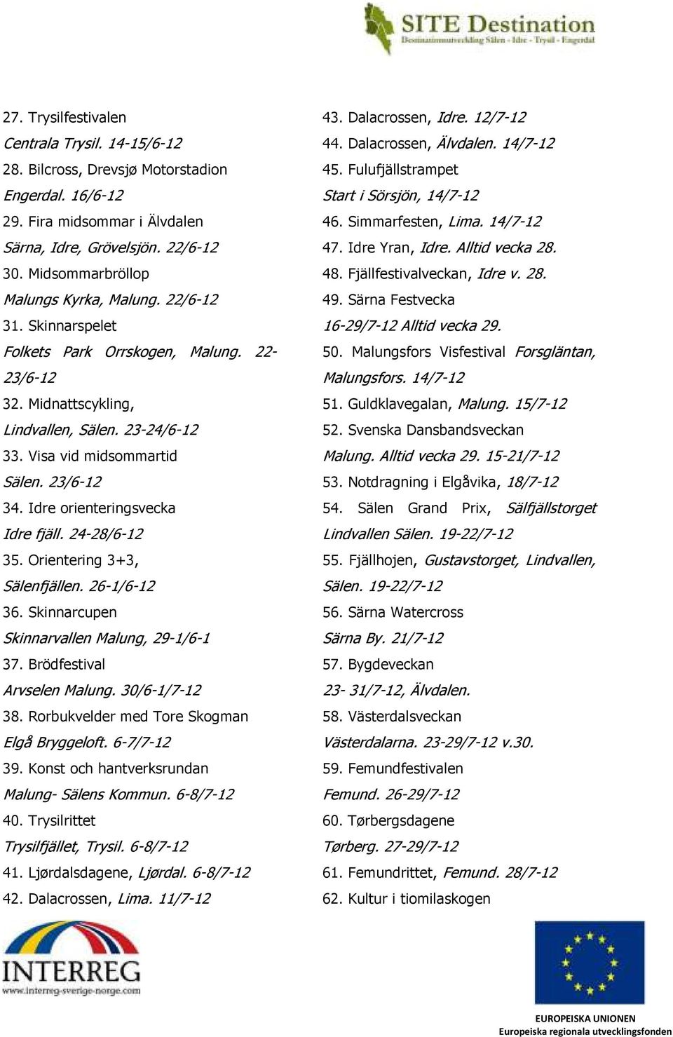 23/6-12 34. Idre orienteringsvecka Idre fjäll. 24-28/6-12 35. Orientering 3+3, Sälenfjällen. 26-1/6-12 36. Skinnarcupen Skinnarvallen Malung, 29-1/6-1 37. Brödfestival Arvselen Malung. 30/6-1/7-12 38.