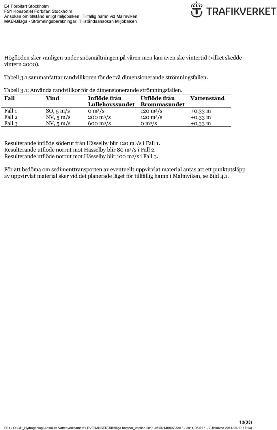Fall Vind Inflöde från Utflöde från Vattenstånd Lullehovssundet Brommasundet Fall 1 SO, 5 m/s 0 m 3 /s 120 m 3 /s +0,33 m Fall 2 NV, 5 m/s 200 m 3 /s 120 m 3 /s +0,33 m Fall 3 NV, 5 m/s 600 m 3 /s 0