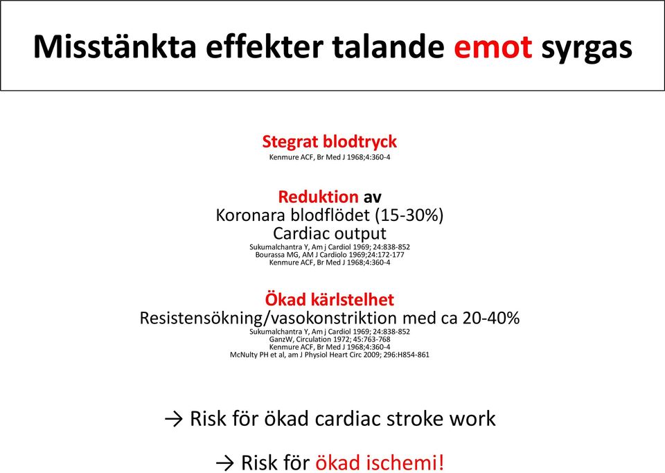 kärlstelhet Resistensökning/vasokonstriktion med ca 20-40% Sukumalchantra Y, Am j Cardiol 1969; 24:838-852 GanzW, Circulation 1972; 45:763-768