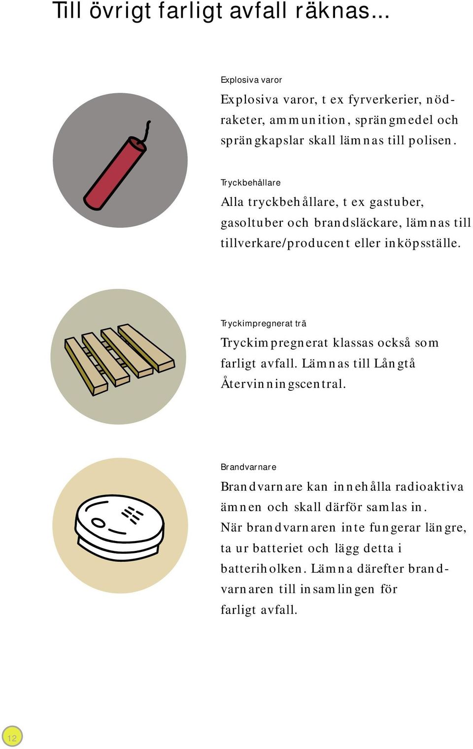 Tryckbehållare Alla tryckbehållare, t ex gastuber, gasoltuber och brandsläckare, lämnas till tillverkare/producent eller inköpsställe.