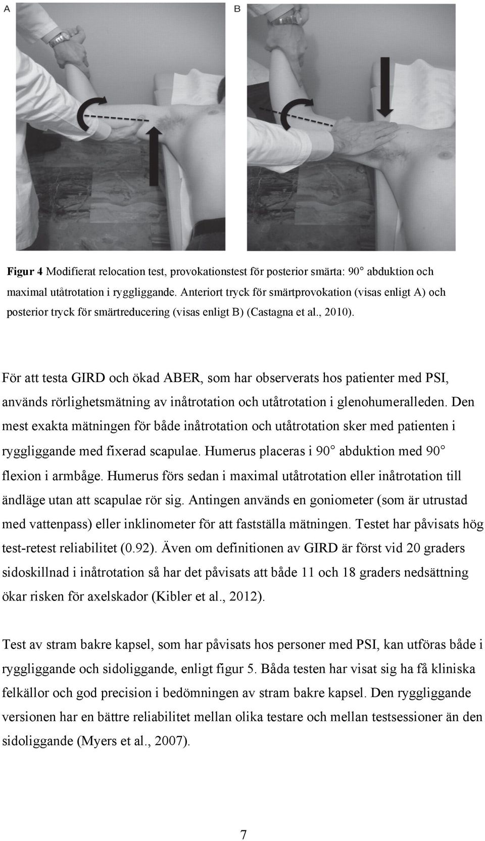 För att testa GIRD och ökad ABER, som har observerats hos patienter med PSI, används rörlighetsmätning av inåtrotation och utåtrotation i glenohumeralleden.