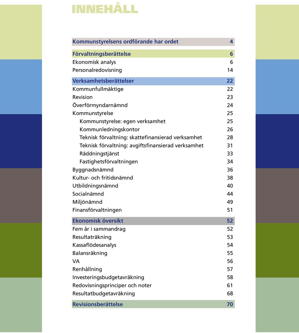 Räddningstjänst 33 Fastighetsförvaltningen 34 Byggnadsnämnd 36 Kultur- och fritidsnämnd 38 Utbildningsnämnd 40 Socialnämnd 44 Miljönämnd 49 Finansförvaltningen 51 Ekonomisk översikt 52 Fem år i