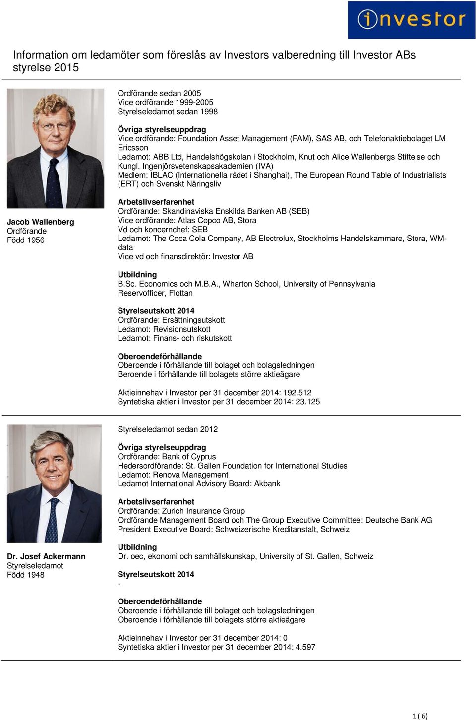 Ingenjörsvetenskapsakademien (IVA) Medlem: IBLAC (Internationella rådet i Shanghai), The European Round Table of Industrialists (ERT) och Svenskt Näringsliv Jacob Wallenberg Ordförande Född 1956