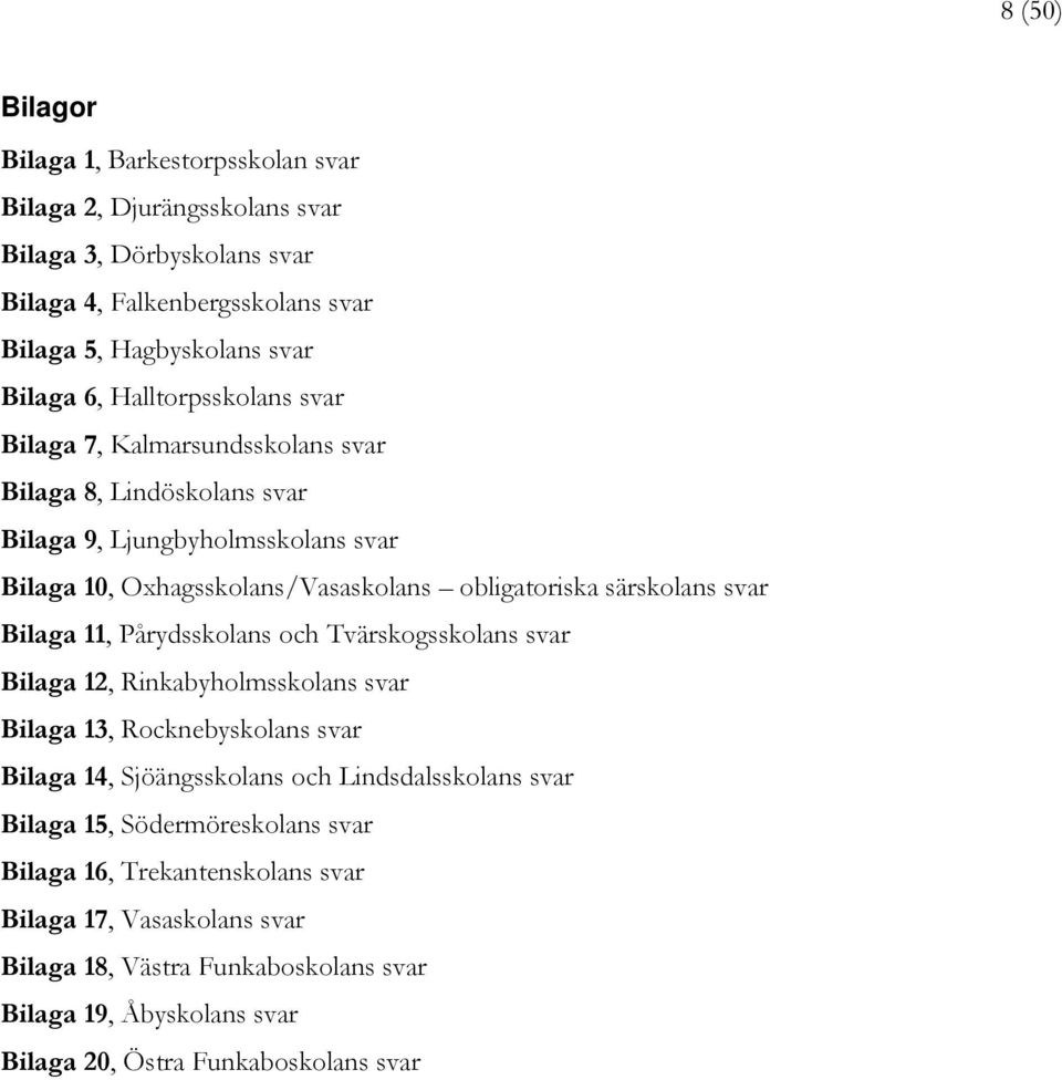 svar Bilaga 11, Pårydsskolans och Tvärskogsskolans svar Bilaga 12, Rinkabyholmsskolans svar Bilaga 13, Rocknebyskolans svar Bilaga 14, Sjöängsskolans och Lindsdalsskolans svar Bilaga