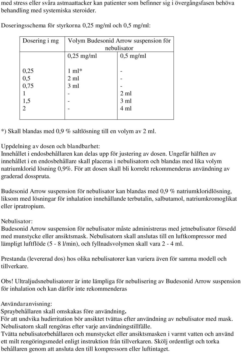 Skall blandas med 0,9 % saltlösning till en volym av 2 ml. Uppdelning av dosen och blandbarhet: Innehållet i endosbehållaren kan delas upp för justering av dosen.