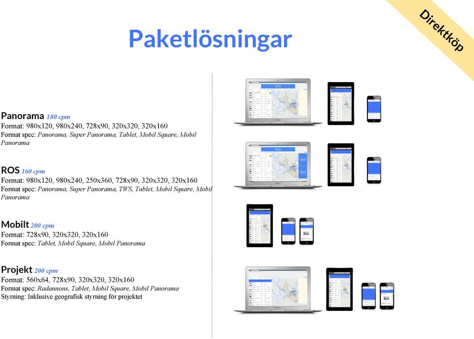 Mobil Square, Mobil Panorama Mobilt 200 cpm Format: 728x90, 320x320, 320x160 Format spec: Tablet, Mobil Square, Mobil Panorama Projekt 200 cpm