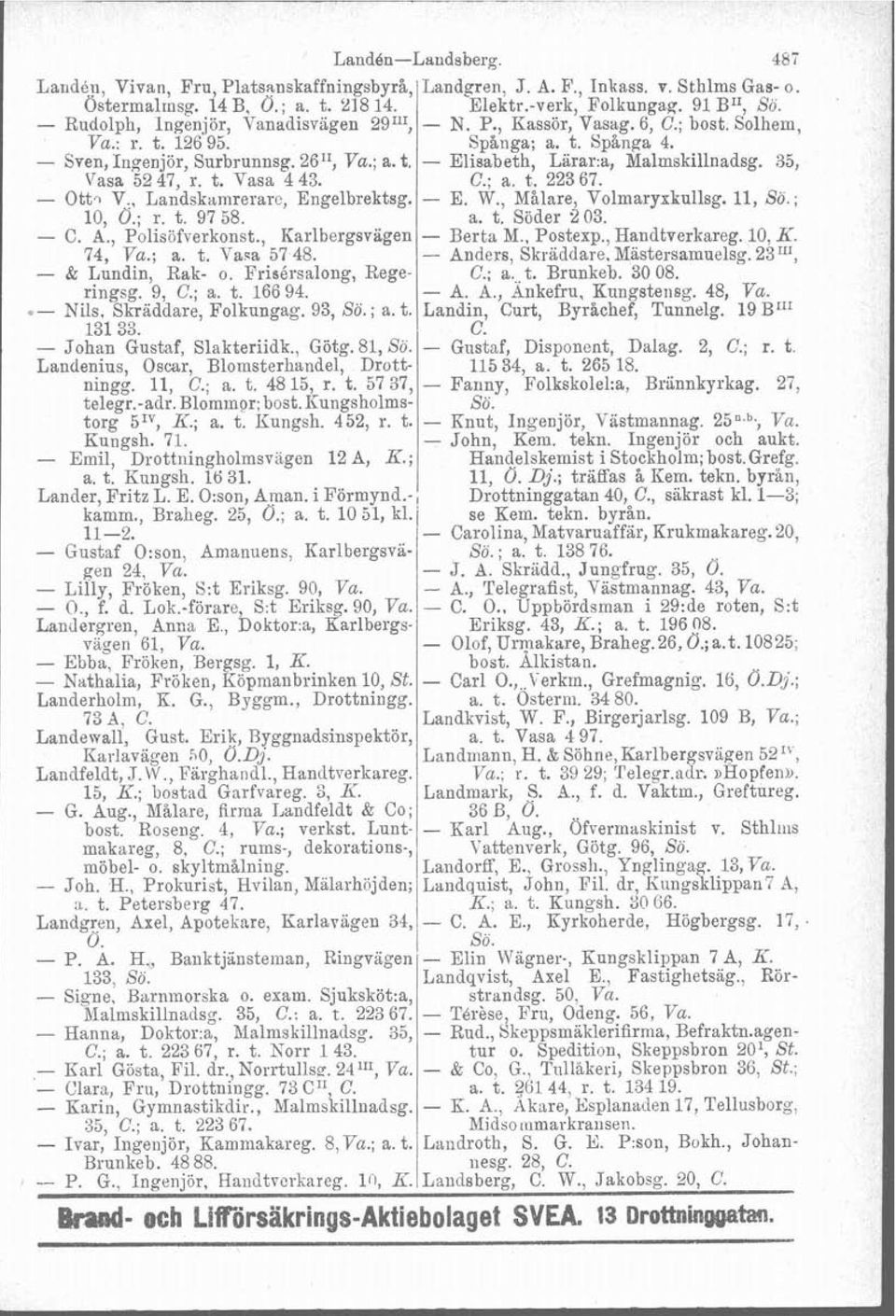 35, \lasa 5247, r. t. Vasa 4 43. C.; a. t. 22367. - Ottq VI, Landskamrerare, Engelbrektsg. - E. W., Målare, Volmaryxkullsg. Il, Sö.; 10, 0.; r. t. 97 58. a. t. Söder 2 03. - C. A., Polisöfverkonst.