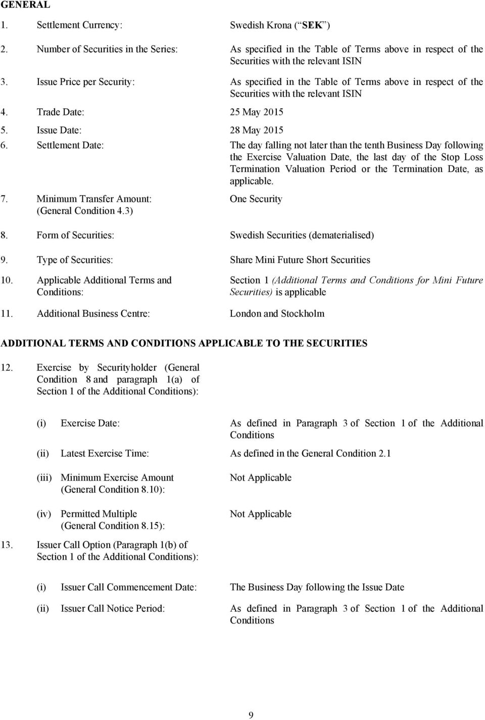 As specified in the Table of Terms above in respect of the Securities with the relevant ISIN 4. Trade Date: 25 May 2015 5. 6. 7.