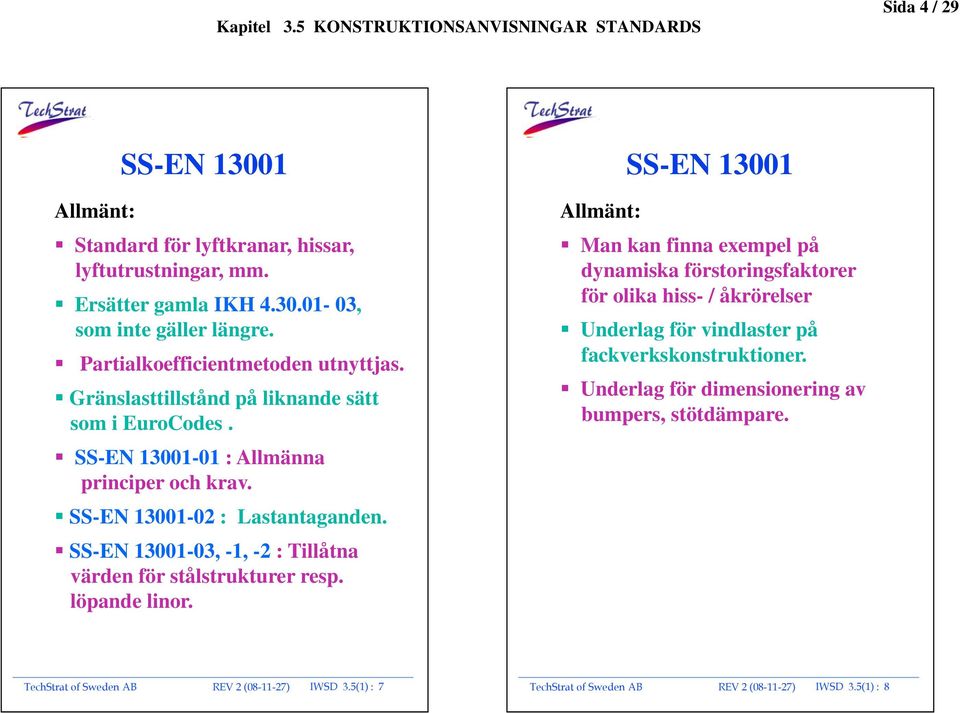 SS-EN 13001-03, -1, -2 : Tillåtna värden för stålstrukturer resp. löpande linor.