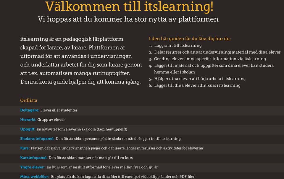 I den här guiden får du lära dig hur du: 1. Loggar in till itslearning 2. Delar resurser och annat undervisningsmaterial med dina elever 3. Ger dina elever ämnesspecifik information via itslearning 4.