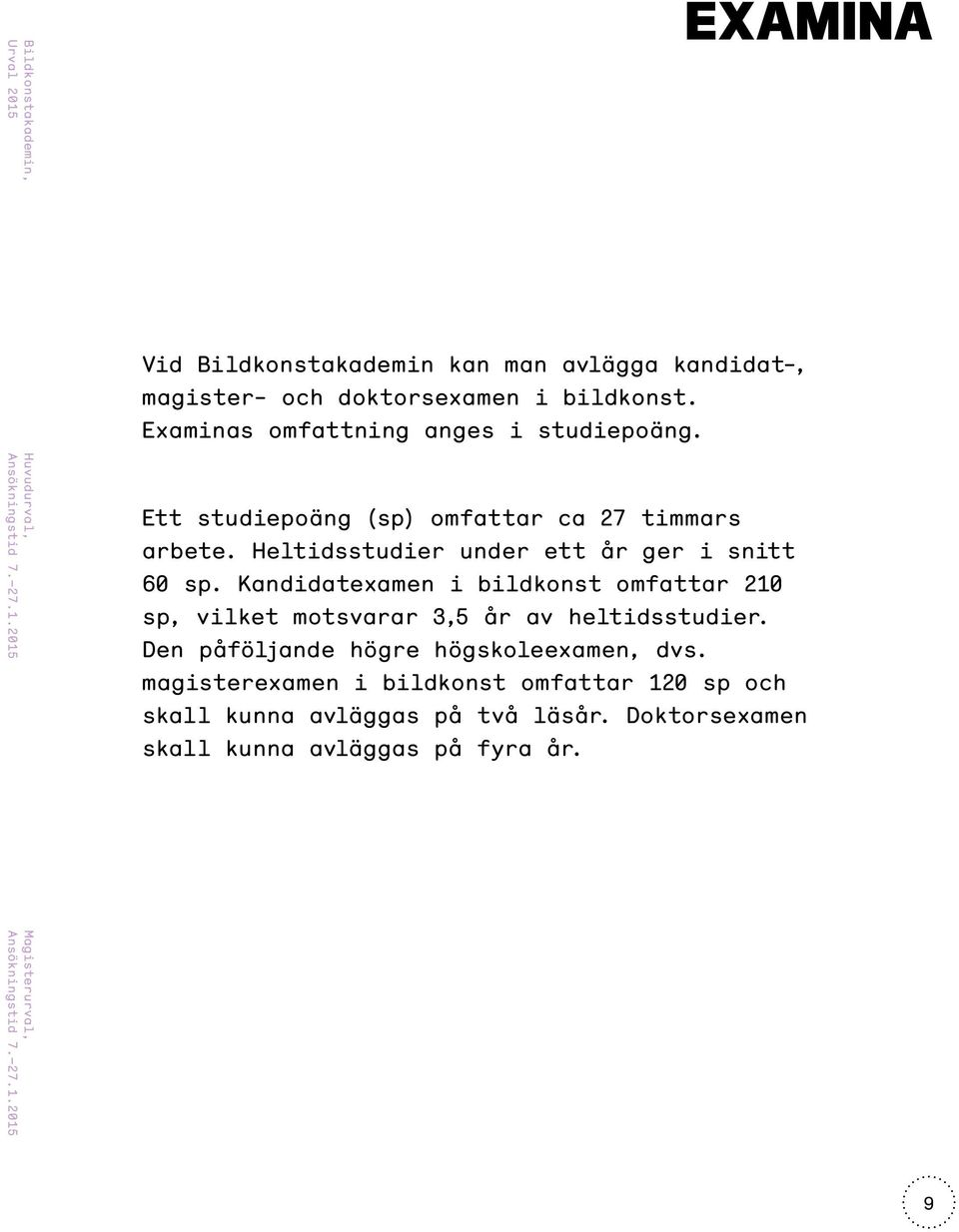 Heltidsstudier under ett år ger i snitt 60 sp. Kandidatexamen i bildkonst omfattar 210 sp, vilket motsvarar 3,5 år av heltidsstudier.