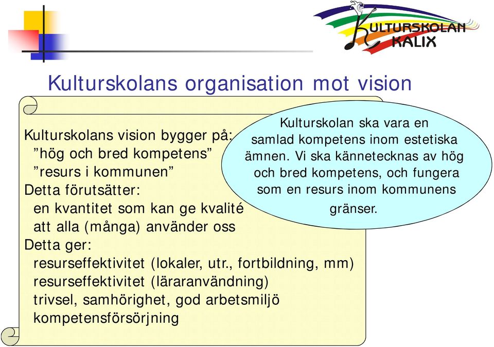 Kulturskolans vision bygger på: hög och bred kompetens resurs i kommunen Detta förutsätter: en kvantitet som kan ge kvalité att