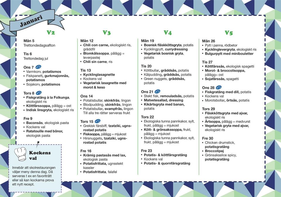 V2 V3 V4 V5 Mån 12 Chili con carne,, gräddfil Blomkålssoppa, pålägg = leverpastej Chili sin carne, ris Tis 13 Kycklinglasagnette Vegetarisk lasagnette med morot & keso Ons 14 Potatisbullar,